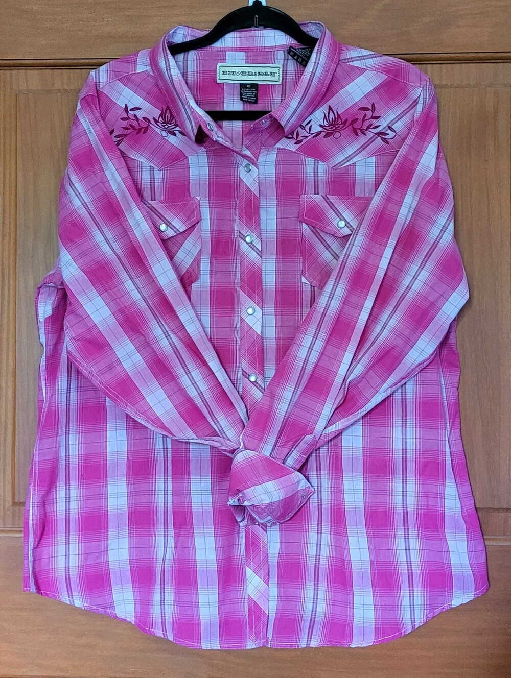 Bit & Bridle Womens 1x Western Pink Plaid Shirt Embroidered Pearl Snaps Cowgirl